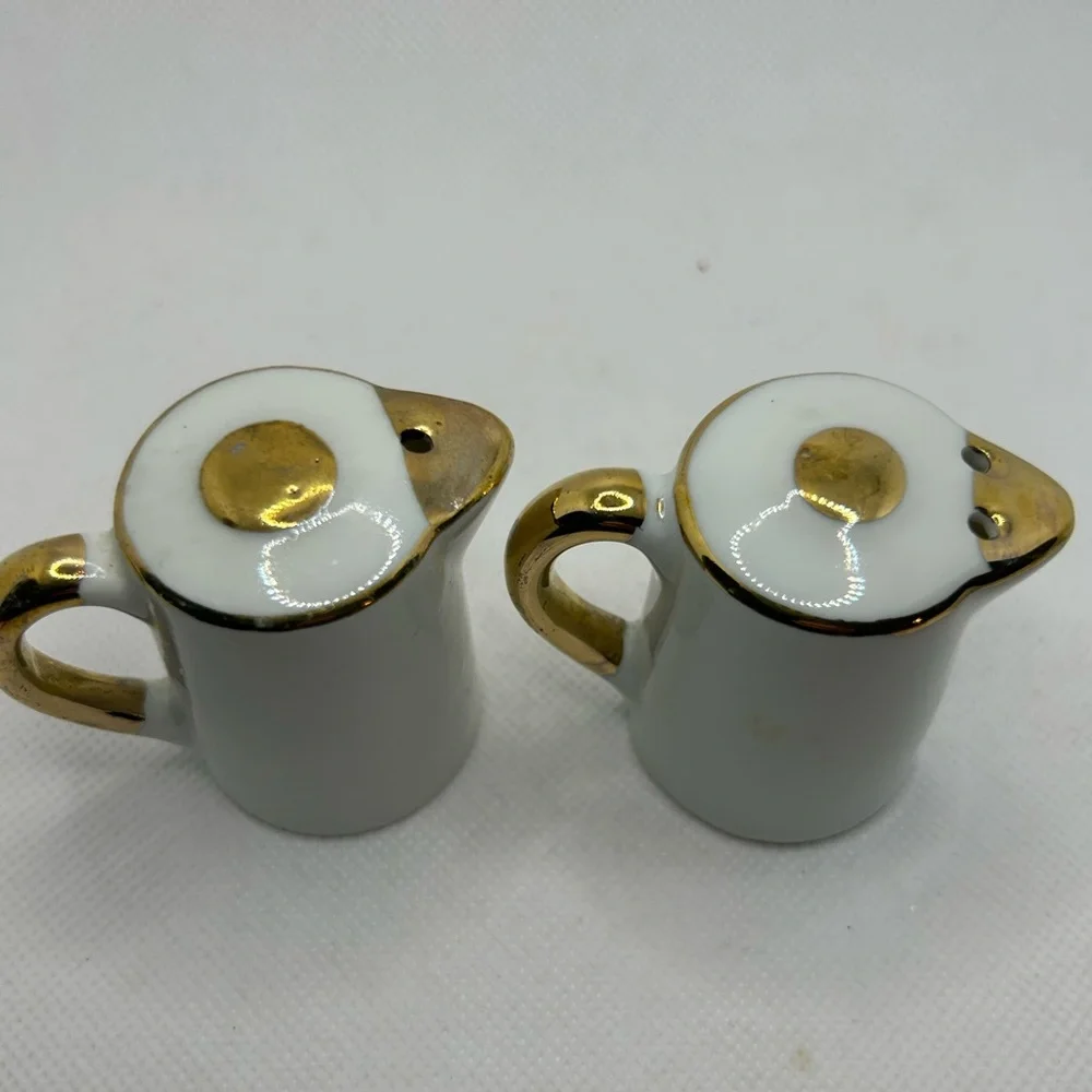 Vintage Sat & Pepper Shakers Bowling Ceramic White Black Gold Lot Two Taiwan